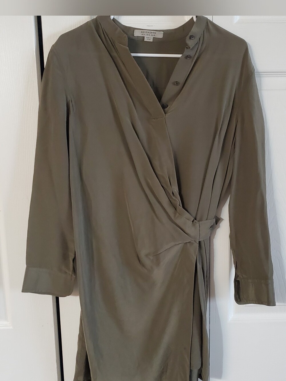 ALL SAINTS 4 OLIVE GREEN WRAP DRESS. ASYMMETRICAL FRONT MINI SEMI SHEER Silk